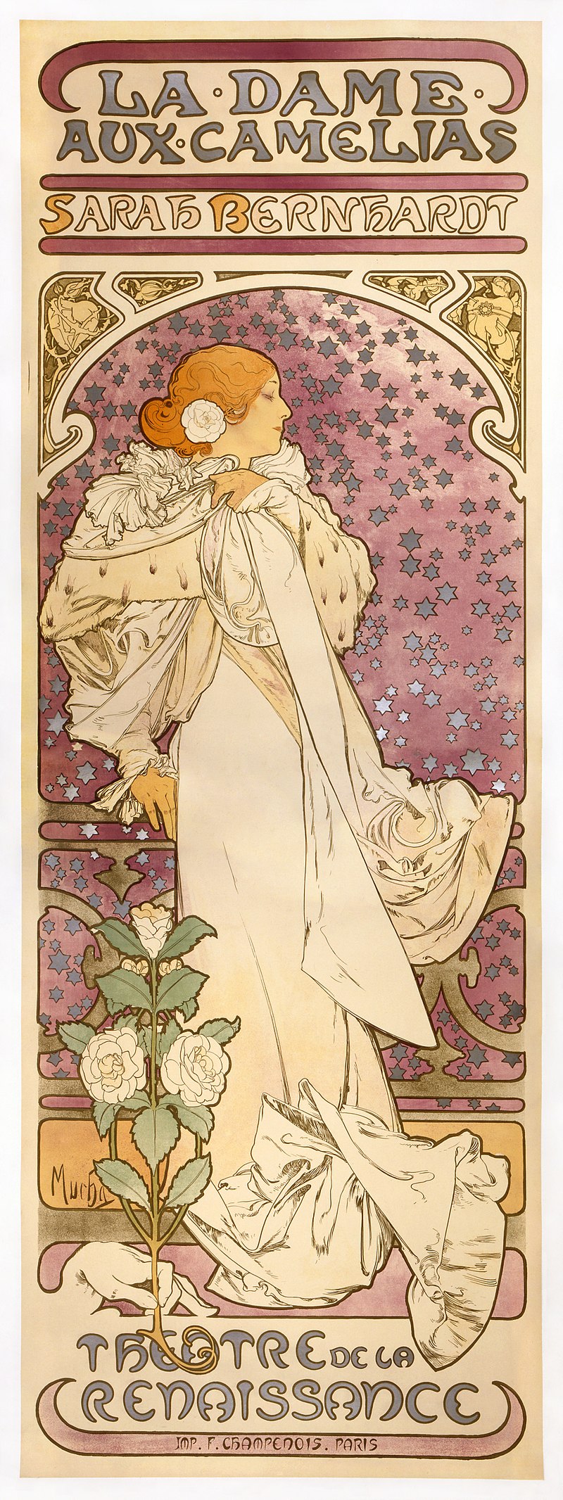Affiche pour la pièce de théâtre La Dame aux camélias avec Sarah Bernhardt (1896). source wikipedia